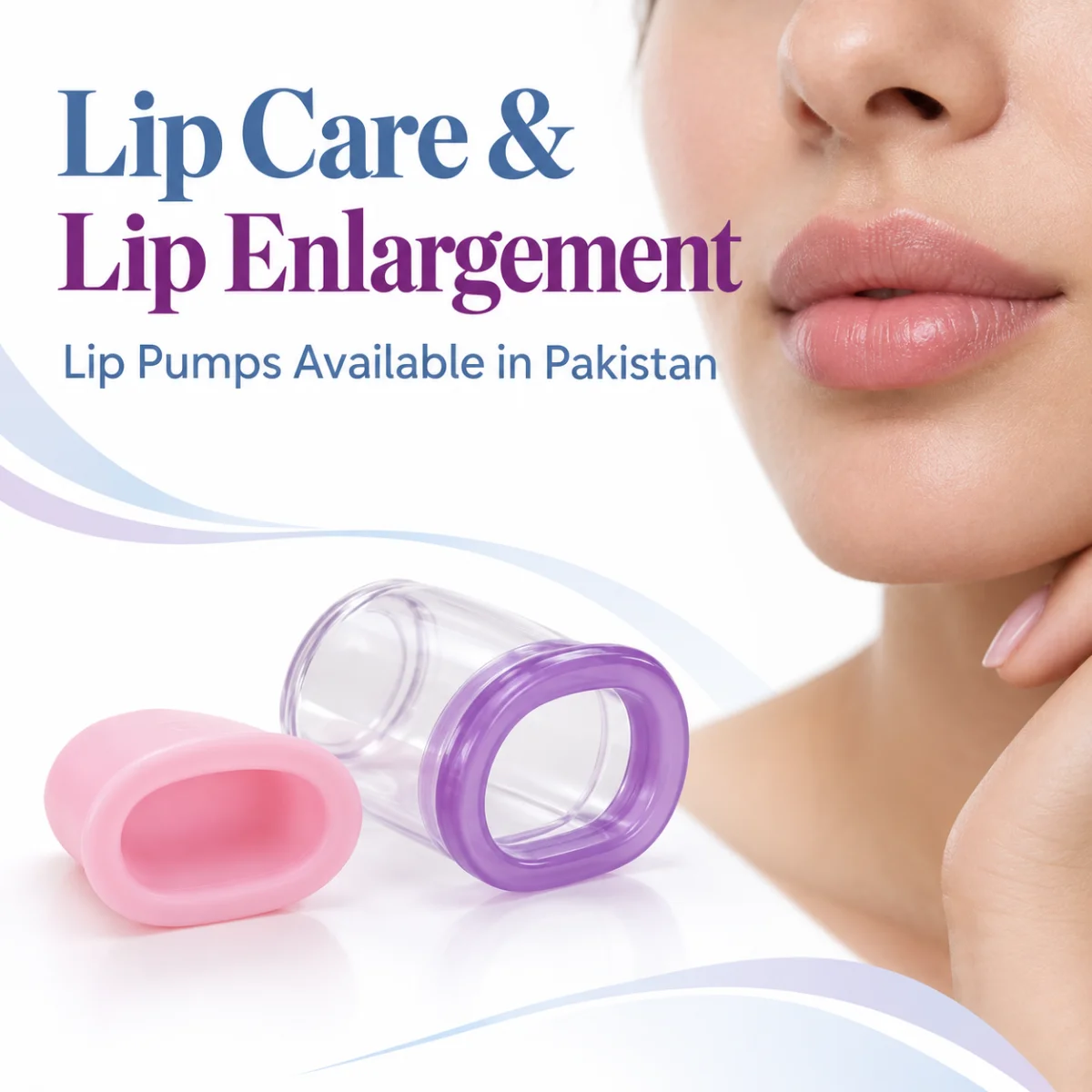Pink and clear lip suction cups beside a close-up of a woman’s lips, advertising lip pumps in Pakistan.