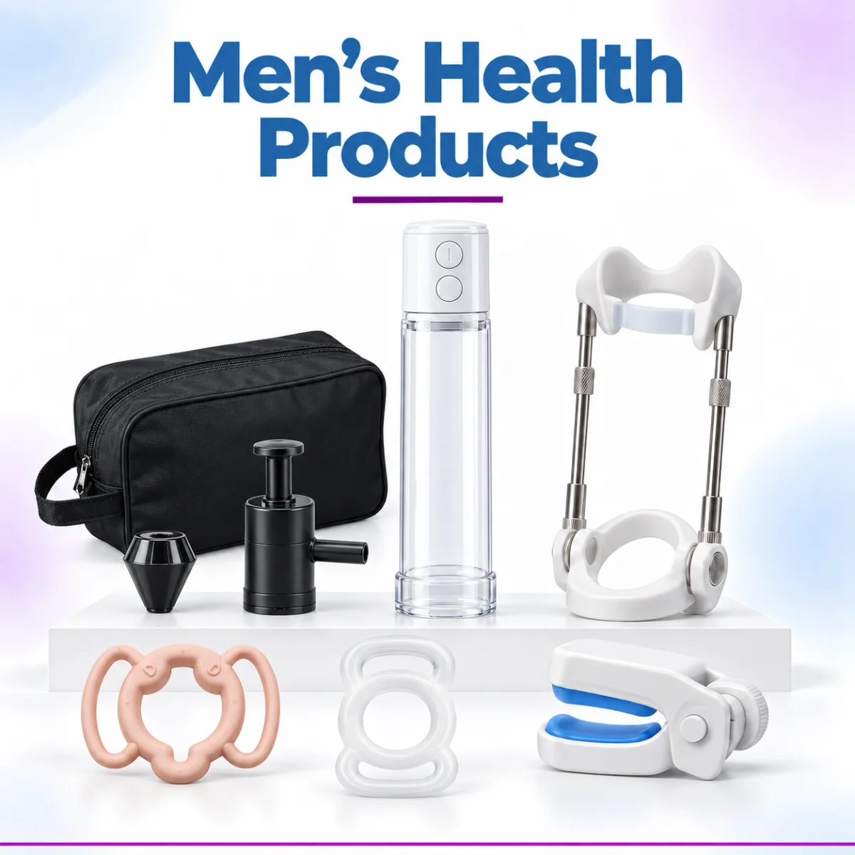 en’s health products in Pakistan featuring a vacuum erection device, ED tension rings, penile extender and urinary leakage clamp.