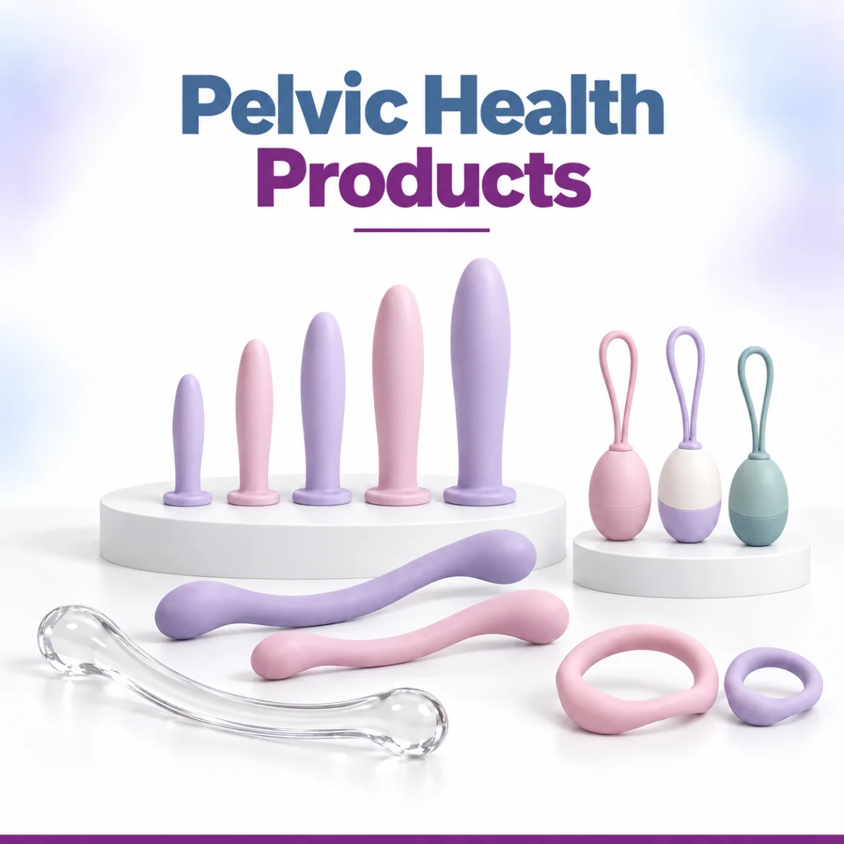 Pelvic health products from Vitality Pakistan, featuring vaginal dilators, pelvic wands, pelvic floor weights and bladder support rings.