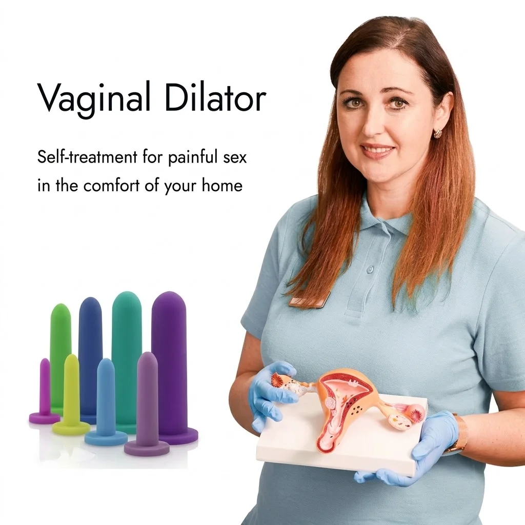 Medical professional holding an anatomical model of the uterus alongside a set of graduated silicone vaginal dilators for pelvic pain therapy